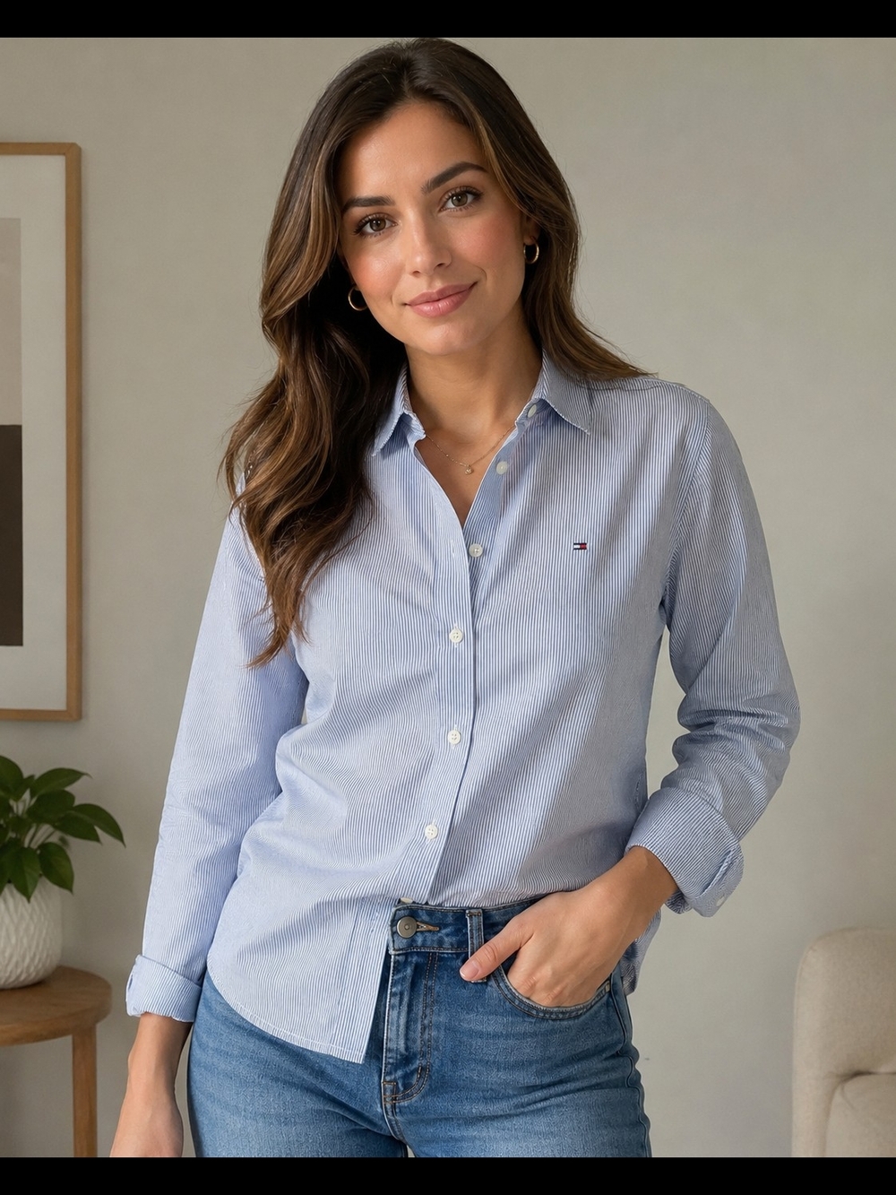 Tommy Hilfiger 100% Cotton Light Blue Pinstripe Cotton Shirt